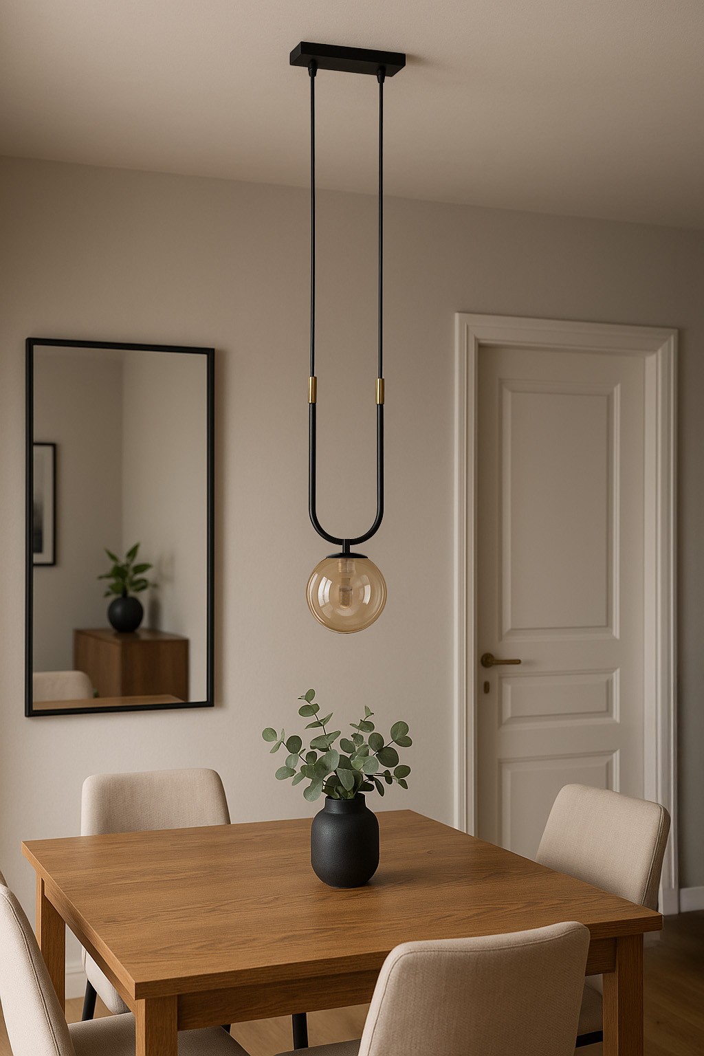 Lampa wisząca Goldi z czarnym metalowym stelażem i bursztynowym, okrągłym kloszem. Zawieszona na dwóch linkach, w tle stół drewniany z kwiatkiem w czarnym wazonie oraz lustro w ramie.