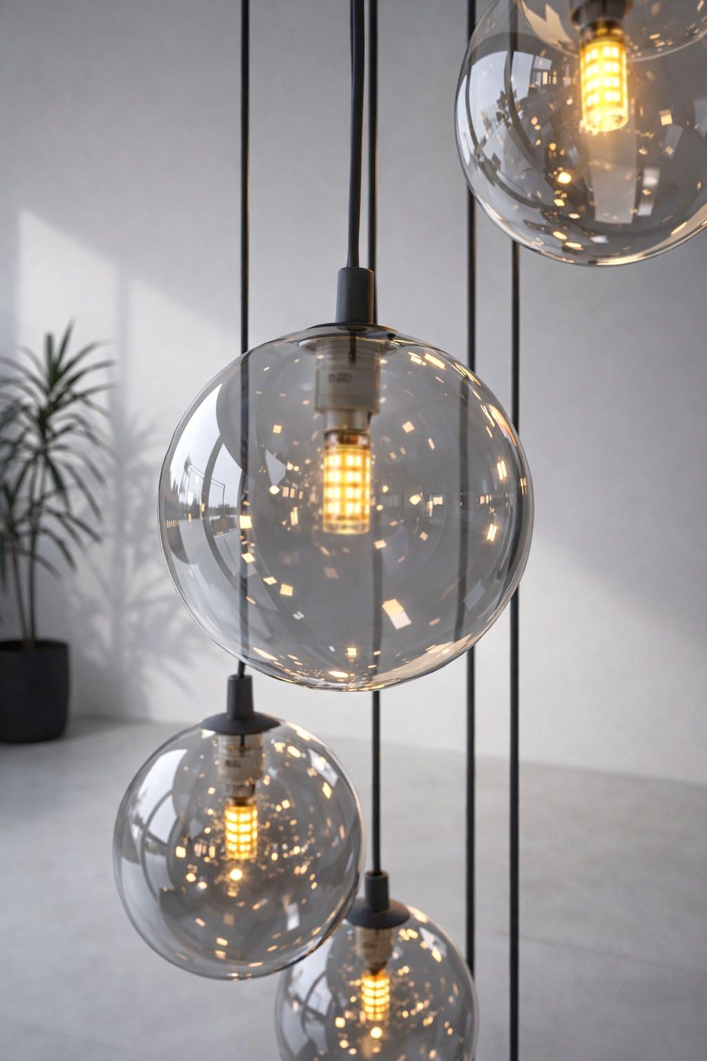 Lampa wisząca Dori, czarna z grafitowymi detalami, z osiemnastoma przezroczystymi kloszami w kształcie kul, zawieszona na cienkich przewodach. W tle rośnie roślina w doniczce na jasnym tle.