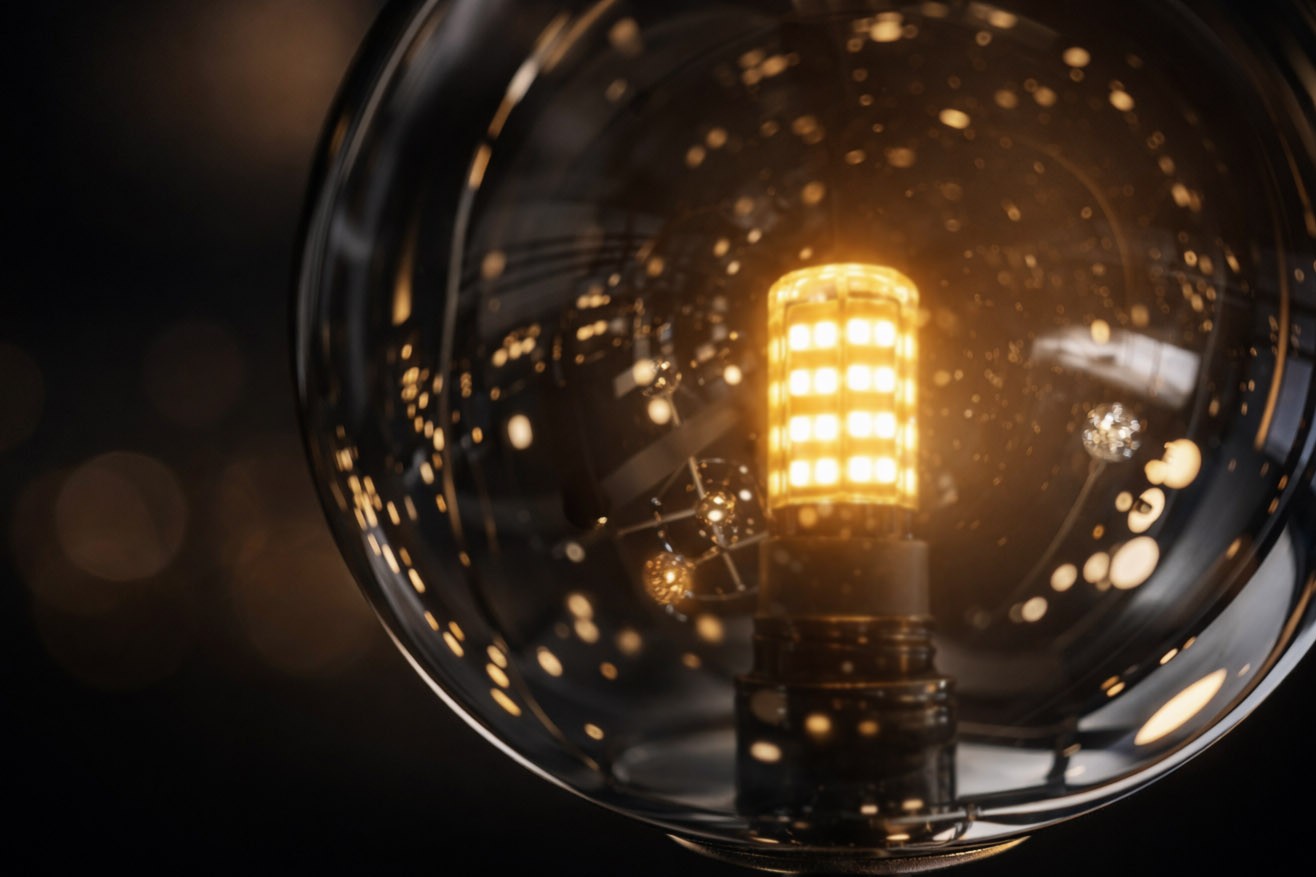 Kinkiet Dori 1xG9 w kolorze czarnym/grafitowym, z widoczną żarówką LED w szklanym kloszu. Ujęcie zbliżeniowe na detale żarówki, z efektem rozproszonego światła w tle. Klosz o okrągłym kształcie, podkreślający nowoczesny design.