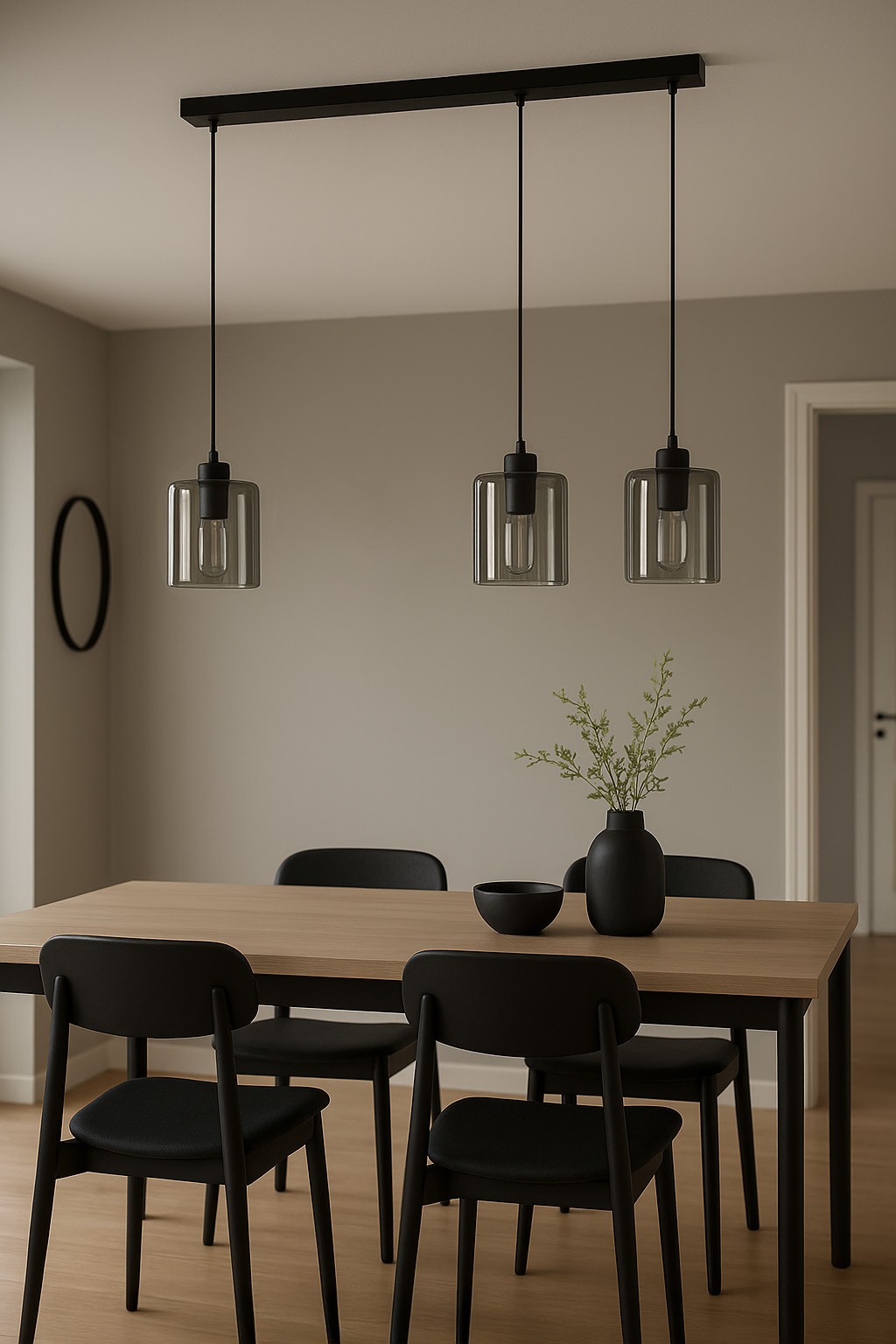 Lampa wisząca Miri 3xE27 w kolorze czarnym i grafitowym, z trzema szklanymi kloszami o prostokątnym kształcie, zawieszona na czarnej listwie. Produkt zainstalowany nad drewnianym stołem w minimalistycznej aranżacji wnętrza.
