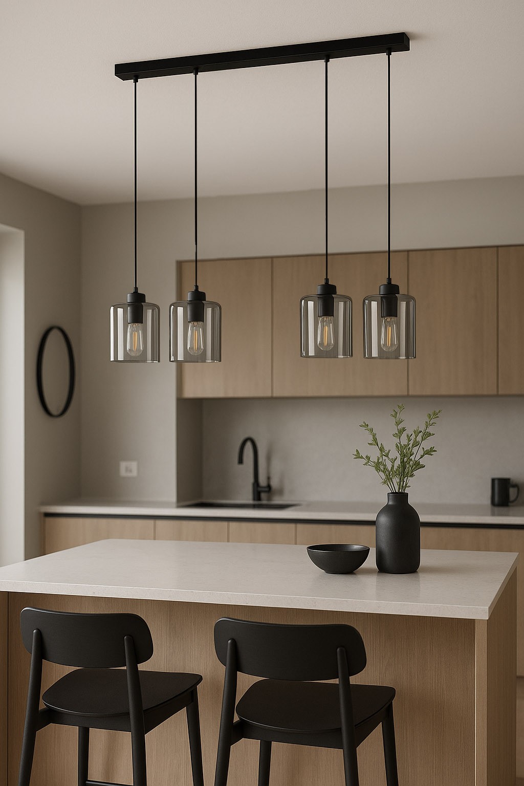 Lampa wisząca Miri z czterema kloszami E27 w kolorze czarnym i grafitowym, zawieszona na prostokątnej belce. Klosze mają przezroczyste, szklane ścianki, a całość zainstalowana nad drewnianym stołem w nowoczesnej kuchni z jasnym tłem.