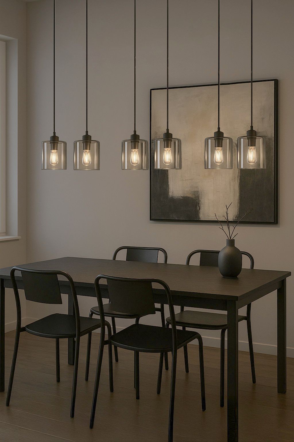 Lampa wisząca Miri, sześć kloszy w kolorze czarnym i grafitowym, zawieszona nad stołem. Klosze mają przezroczyste szkło, a lampa jest zawieszona na długich linkach. W tle widoczny obraz oraz czarny stół z krzesłami.