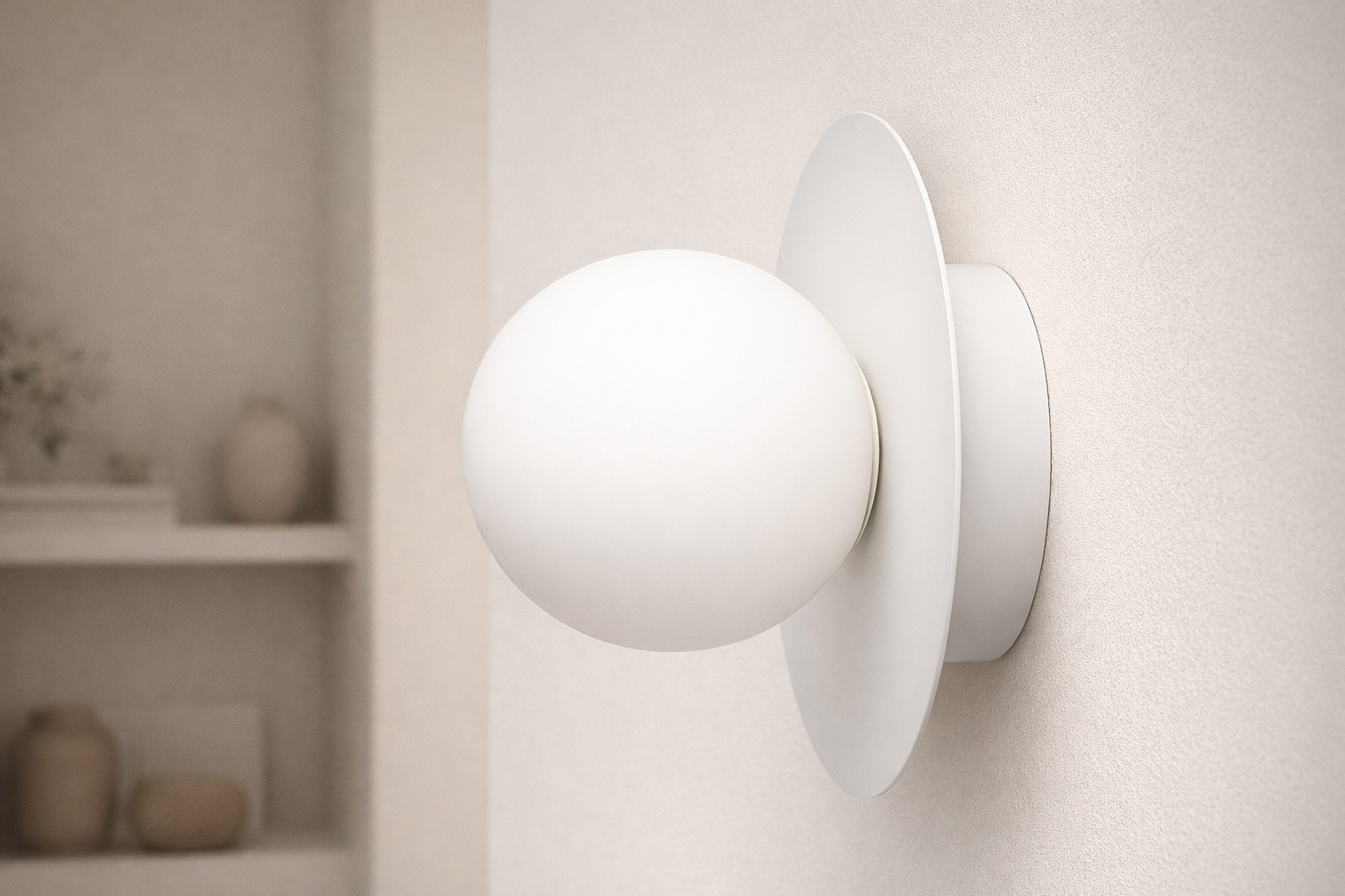 Lampa sufitowa Robin D18 z białym kloszem w kształcie kuli, zamontowana na okrągłej, białej podstawie. Produkt widoczny z boku, w minimalistycznym otoczeniu z neutralnym tłem. Wymiary i szczegóły montażu nie są widoczne.