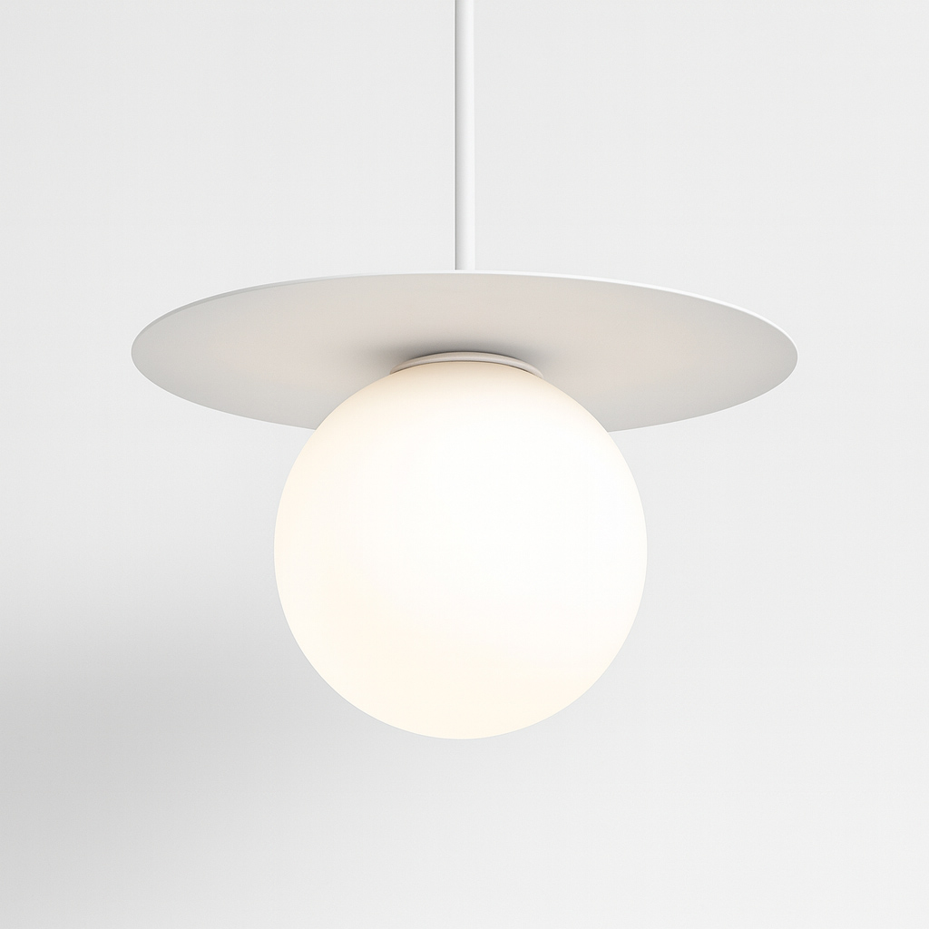 Lampa wisząca Robin D18 z białym metalowym kloszem w kształcie talerza oraz okrągłą, matową kulą. Zamontowana na cienkim białym przewodzie, idealna do nowoczesnych wnętrz.