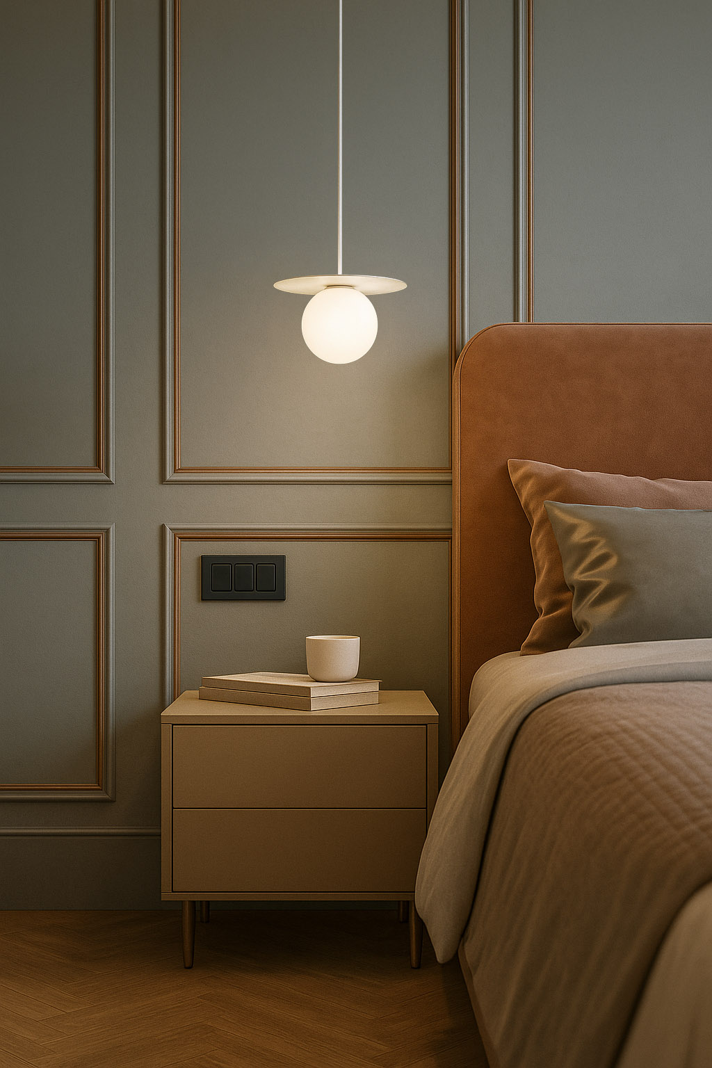 Lampa wisząca Robin D18 w kolorze białym, z okrągłym kloszem na cienkim przewodzie, zawieszona nad stolikiem nocnym. W tle widoczna ściana z delikatnym wzorem i elementy wystroju wnętrza w stonowanej kolorystyce.