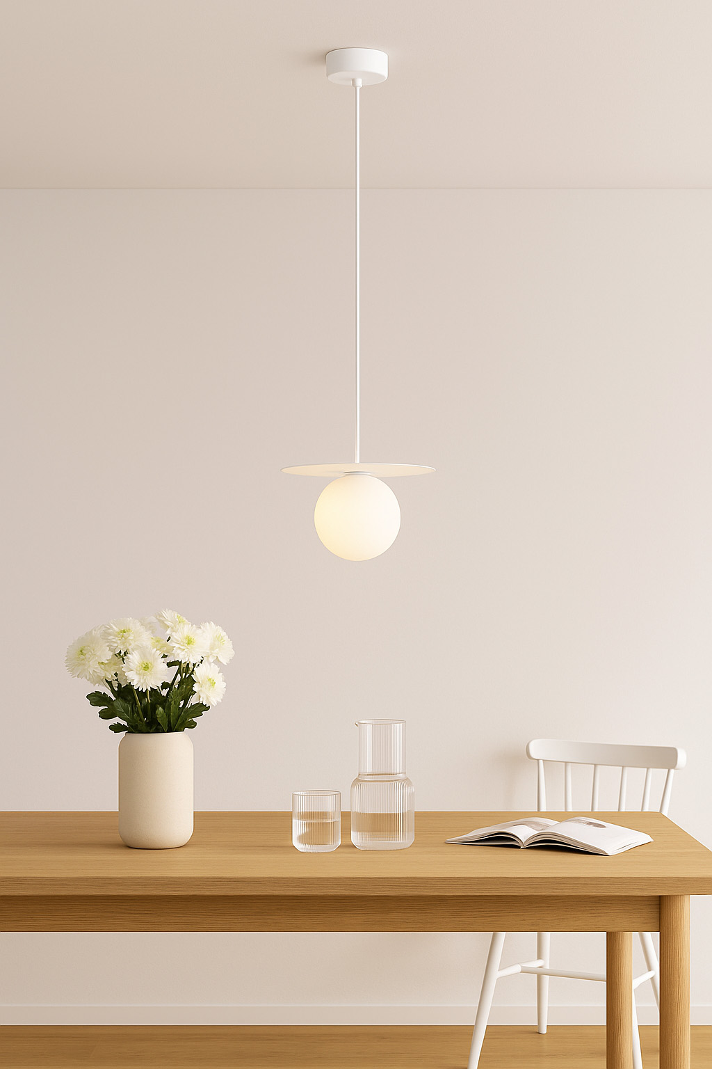 Lampa wisząca Robin D18 z białym kloszem w kształcie kuli zawieszona na cienkim przewodzie. Umiejscowiona nad drewnianym stołem, obok wazon z białymi kwiatami oraz szklane naczynia. Tło jasne, minimalistyczne.