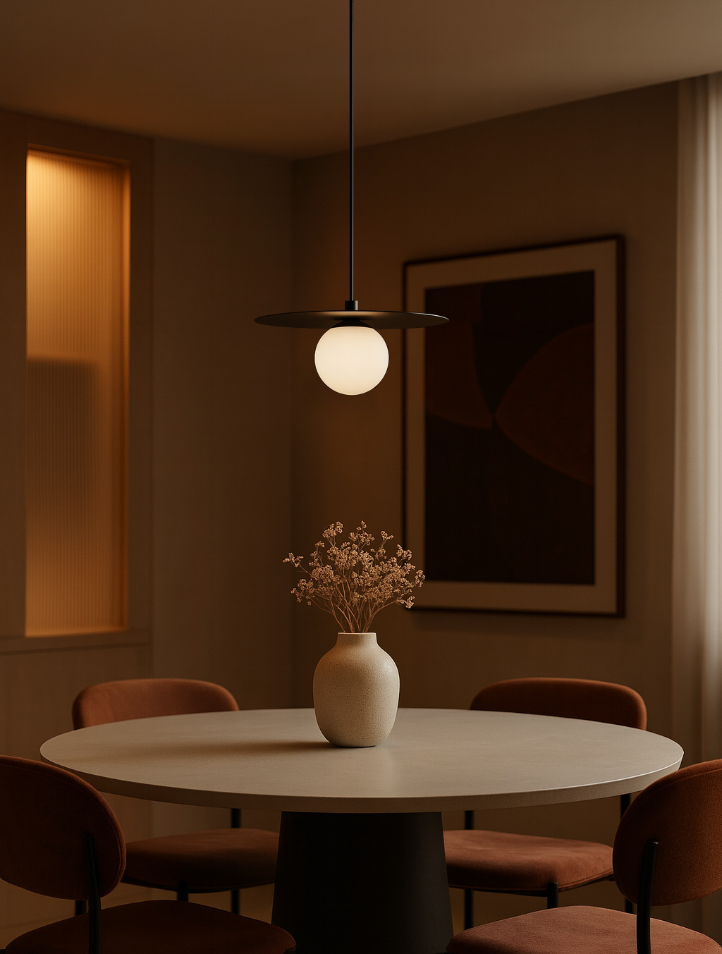 Lampa wisząca Robin D25 z czarnym metalowym daszkiem i białą, okrągłą kulą. Ujęcie z dołu, zawieszona nad okrągłym stołem z szarym blatem, otoczona brązowymi krzesłami. W tle widać delikatne oświetlenie oraz dekoracyjny obraz.