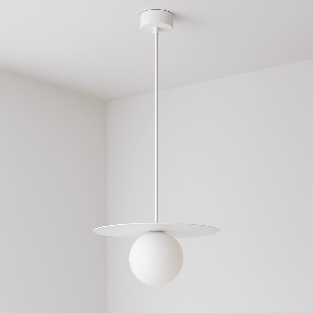 Lampa wisząca Robin D25 w kolorze białym, z okrągłym kloszem i płaskim, okrągłym daszkiem. Zawieszona na cienkim przewodzie, w minimalistycznym stylu, idealna do nowoczesnych wnętrz.