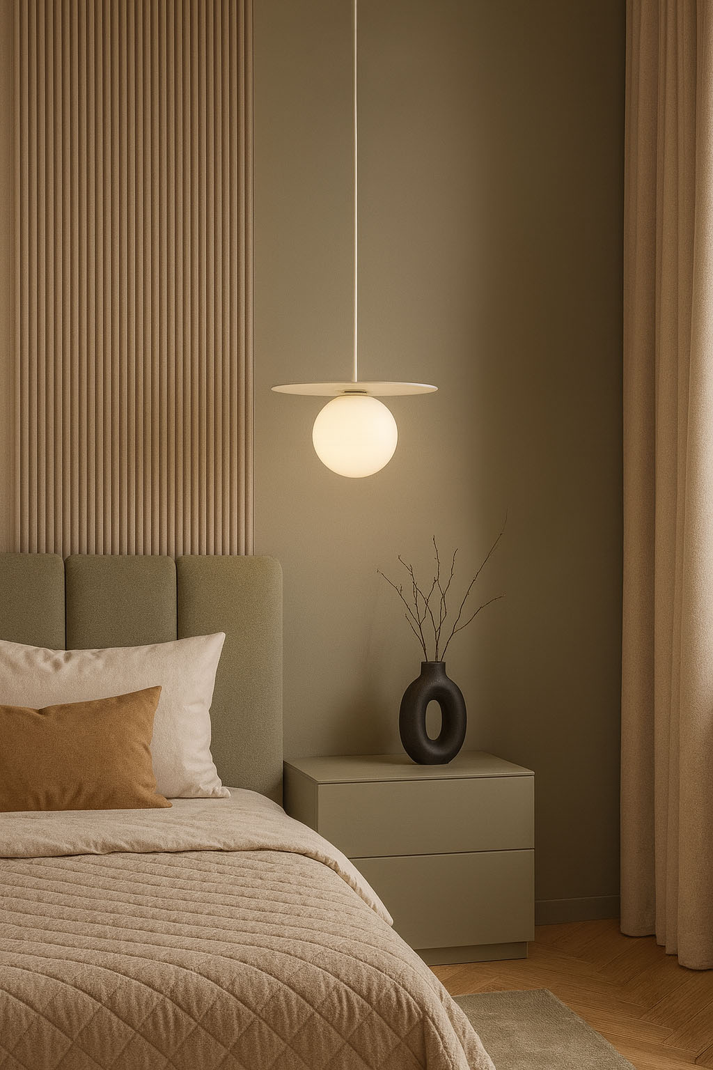 Lampa wisząca Robin D25 w kolorze białym, z okrągłym kloszem i płaską podstawą, zawieszona na cienkim przewodzie. Znajduje się nad łóżkiem w stylowej sypialni, w otoczeniu beżowych i zielonych tonów oraz minimalistycznych dekoracji.