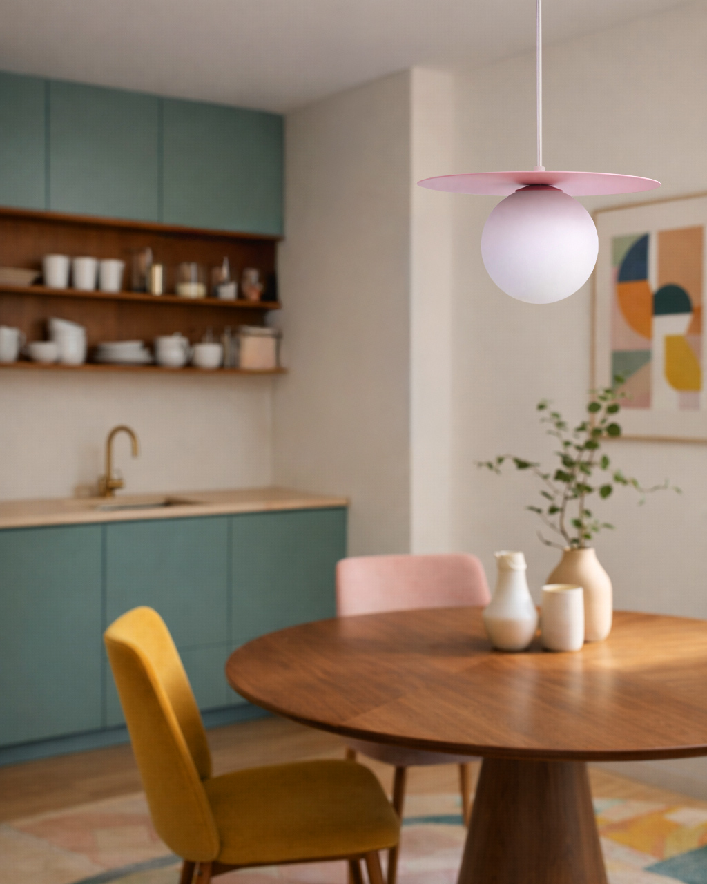 Lampa wisząca Robin D25 z różowym kloszem i białą kulą, zawieszona nad okrągłym drewnianym stołem. W tle widoczne zielone szafki kuchenne oraz dekoracyjne elementy na stole, w tym wazon z rośliną.