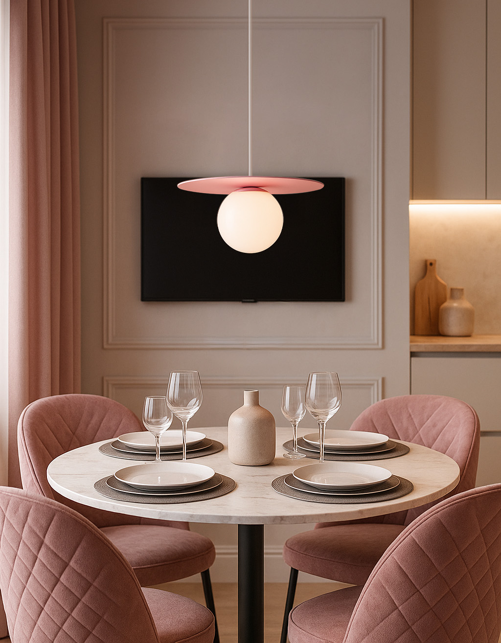 Lampa wisząca Robin D25 z różowym talerzem i białą kulą, zawieszona nad okrągłym stołem z białym marmurowym blatem. Otoczenie w pastelowych odcieniach, z różowym obiciem krzeseł i subtelnymi dekoracjami w tle.