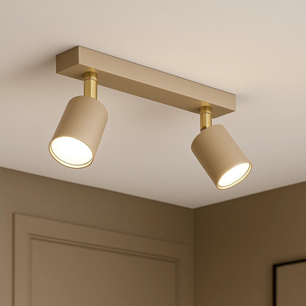 Beżowa lampa sufitowa Mati z dwoma spotami GU10, zamontowana na prostokątnej podstawie. Lampy mają cylindryczny kształt, z widocznymi źródłami światła. Ujęcie z dołu, ukazujące szczegóły wykończenia i kolorystykę.