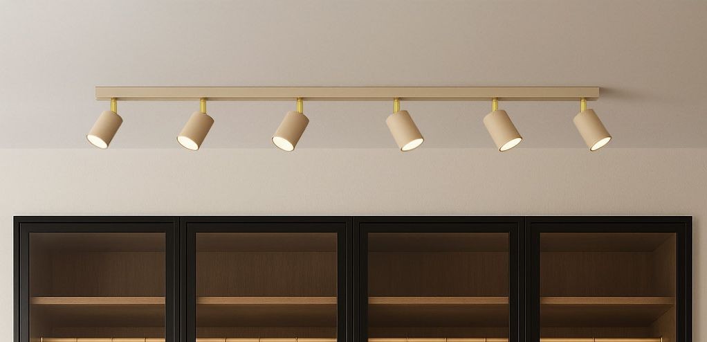 Mati lampa sufitowa beżowa z sześcioma reflektorami GU10, zamontowana na poziomej listwie. Reflektory mają zaokrąglony kształt i są skierowane w dół, umieszczone na jasnym tle nad czarnymi szafkami z drewnianymi półkami.