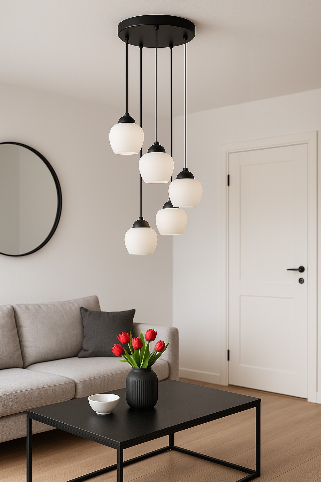 Lampa wisząca Abro z pięcioma źródłami światła E27, w kolorze czarnym z białymi kloszami. Ujęcie z dołu, zawieszona na czarnych kablach, we wnętrzu z szarym sofą i czarnym stolikiem. Klosze mają okrągły kształt, a całość tworzy harmonijną aranżację.