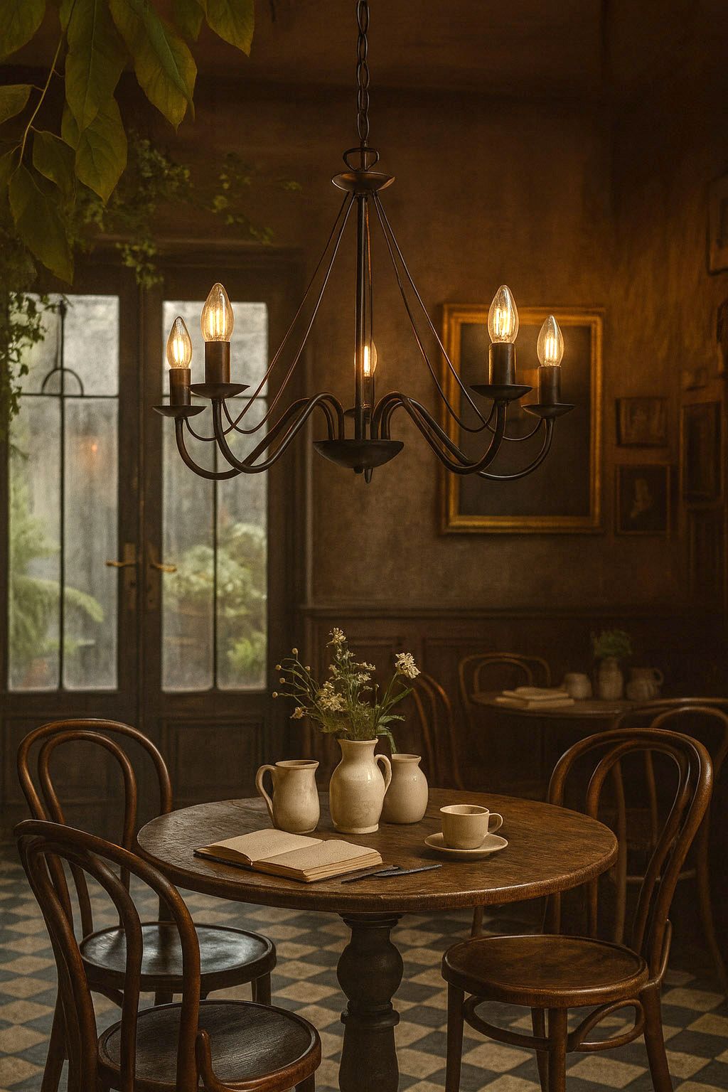Czarny żyrandol 5-punktowy Bartez K-3991, zawieszony na łańcuchu, z eleganckimi, przezroczystymi kloszami. Oświetla drewniany stół z filiżanką, dzbankiem i bukietem kwiatów w otoczeniu krzeseł w stylu vintage. Tło w ciepłych odcieniach.