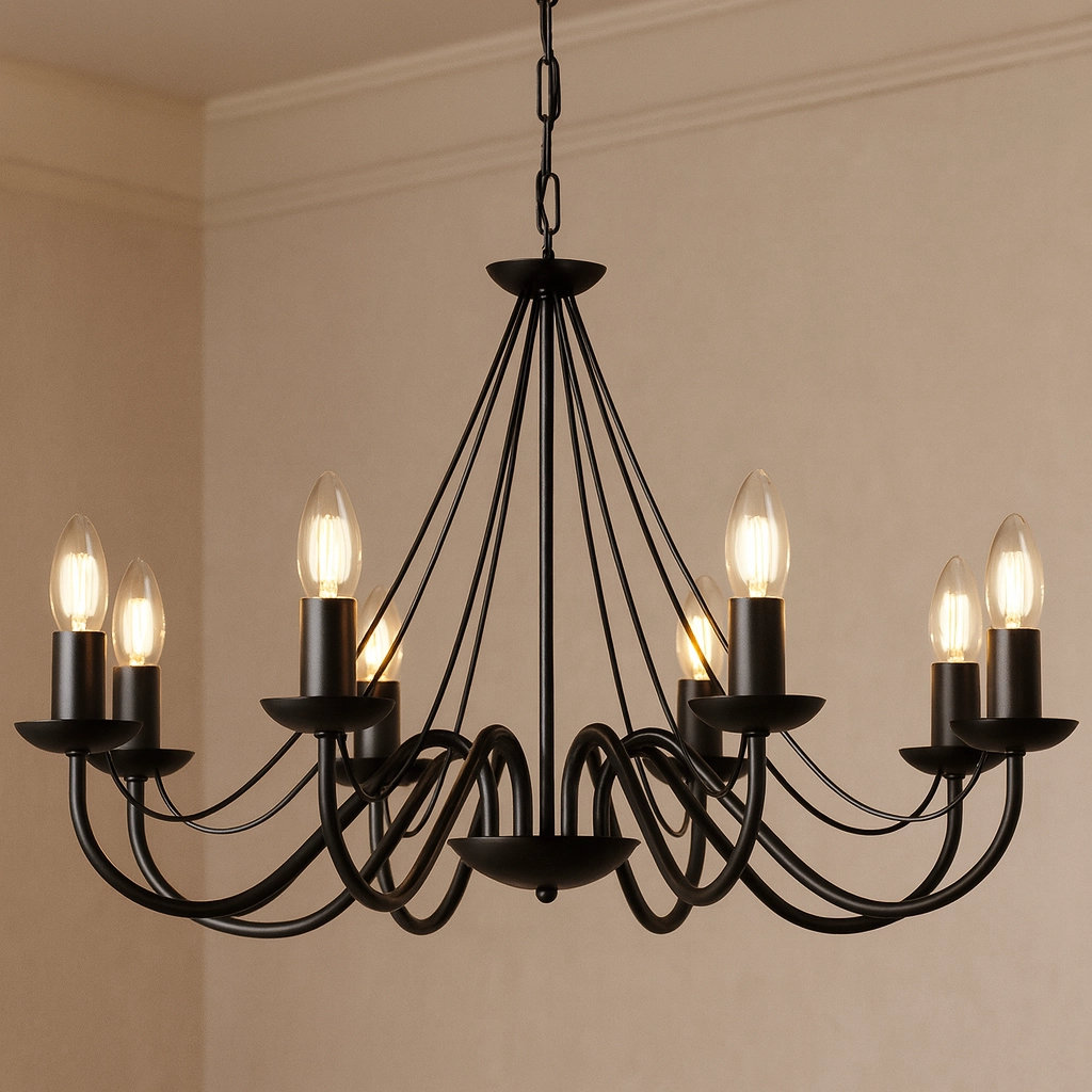 Czarny żyrandol Bartez 8-punktowy, z metalowymi ramionami w formie fal, zamontowany na łańcuchu. Osiem źródeł światła w szklanych kloszach, umieszczonych na podstawach. Tło jasne, jednolite.