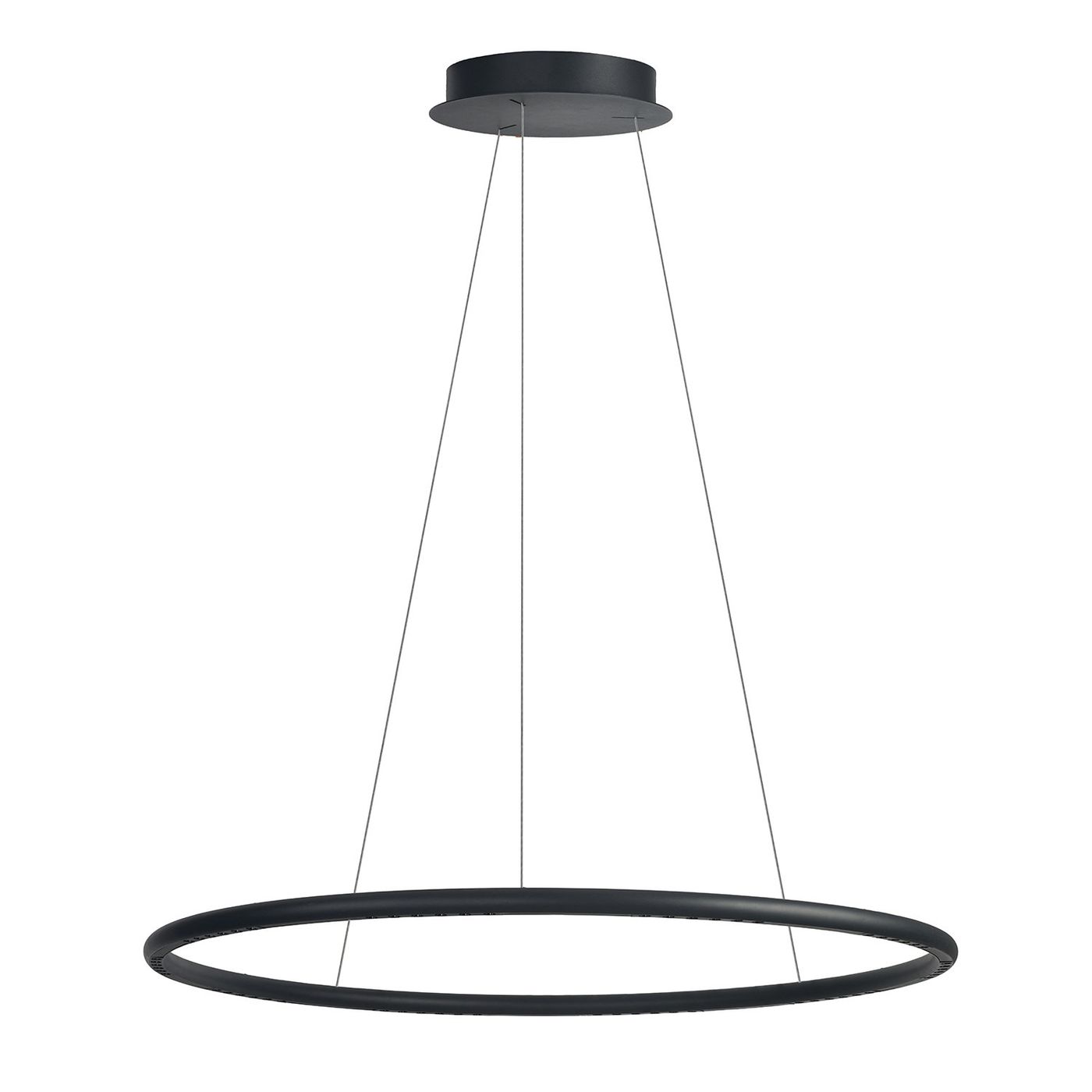 Lampa wisząca Apus z 10 diodami LED, 42W, w kolorze czarnym. Okrągły kształt, zawieszona na cienkich linkach, z płaskim, czarnym mocowaniem sufitowym. Prosty design, idealna do nowoczesnych wnętrz.