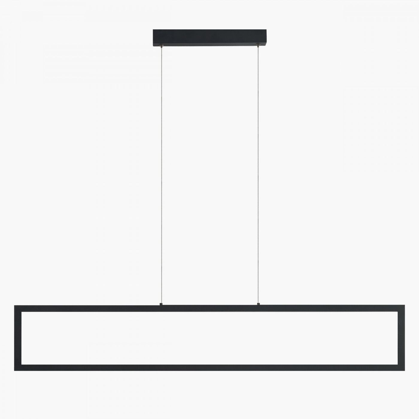 Lampa wisząca LED Fada 34W w kolorze czarnym, o prostokątnym kształcie. Zawieszona na cienkich linkach, z minimalistycznym, płaskim elementem mocującym. Idealna do nowoczesnych wnętrz, na białym tle dla lepszej widoczności.