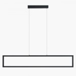 Lampa wisząca LED Fada 34W w kolorze czarnym, o prostokątnym kształcie. Zawieszona na cienkich linkach, z minimalistycznym, płaskim elementem mocującym. Idealna do nowoczesnych wnętrz, na białym tle dla lepszej widoczności.
