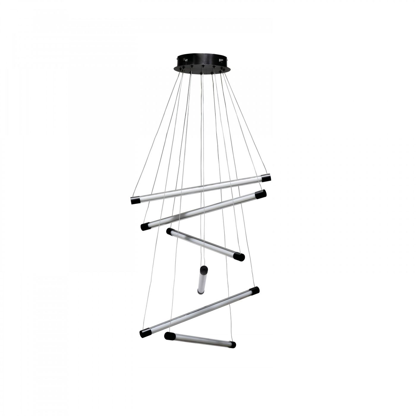 Lampa wisząca Palos 6xLED 57W w kolorze czarnym, z sześcioma metalowymi rurkami LED w różnych długościach, zawieszona na cienkich żyłkach. Kąt ujęcia frontalny, na białym tle, ukazujący nowoczesny design.