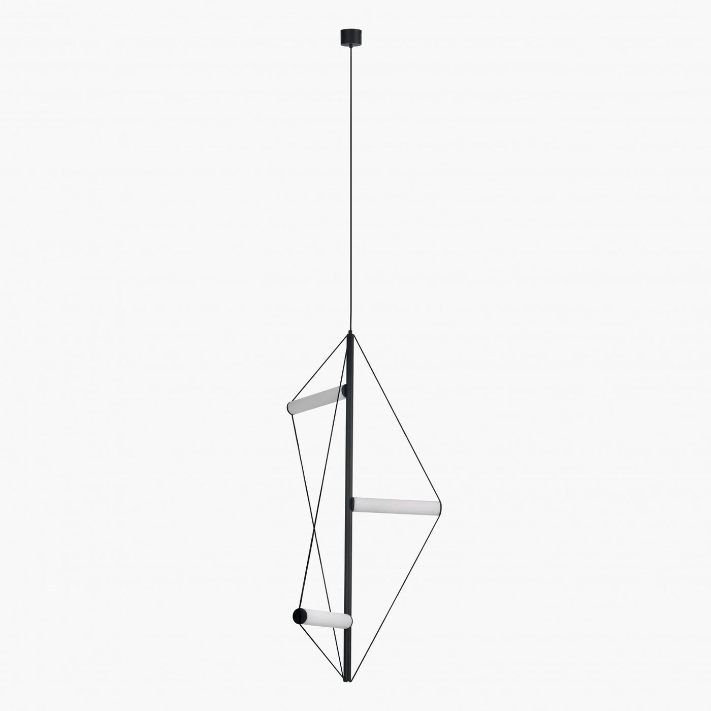 Czarna lampa wisząca Orion z trzema źródłami światła LED 30W. Nowoczesny, geometryczny kształt z cienkimi, metalowymi elementami i białymi rurkami LED. Powieszona na cienkim przewodzie, idealna do wnętrz minimalistycznych.