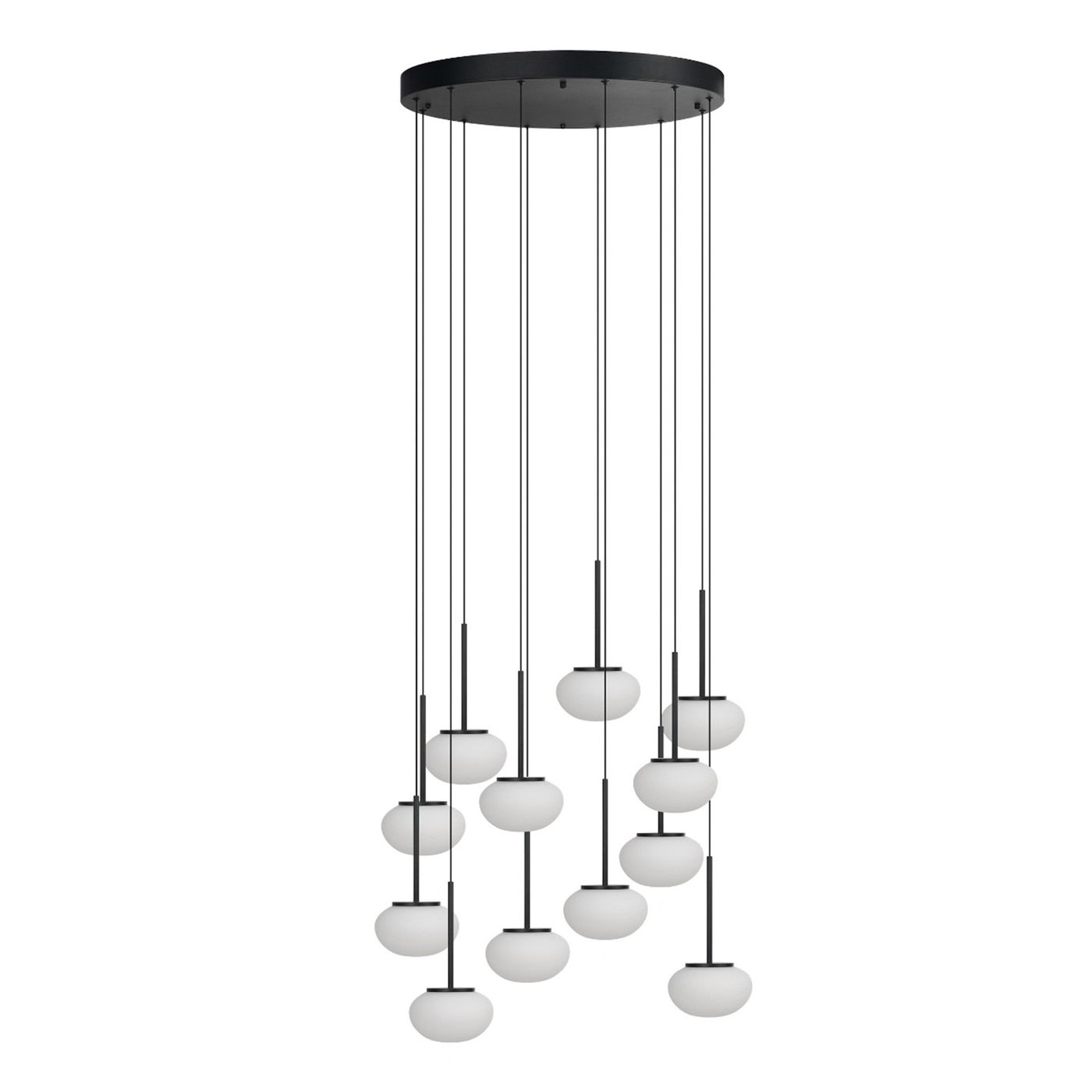 Lampa wisząca Serenity z 12 źródłami LED, moc 84W. Czarna konstrukcja z okrągłym, płaskim stropem i długimi, cienkimi przewodami. Białe, okrągłe klosze zawieszone na różnych wysokościach, tworzące nowoczesną aranżację świetlną.