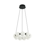 Lampa wisząca Perla z 9 kulistymi kloszami LED o mocy 19W, w kolorze czarnym. Klosze w białym kolorze, zawieszone na czarnych linkach, montowane do sufitowej podstawy. Prosty, nowoczesny design idealny do wnętrz.