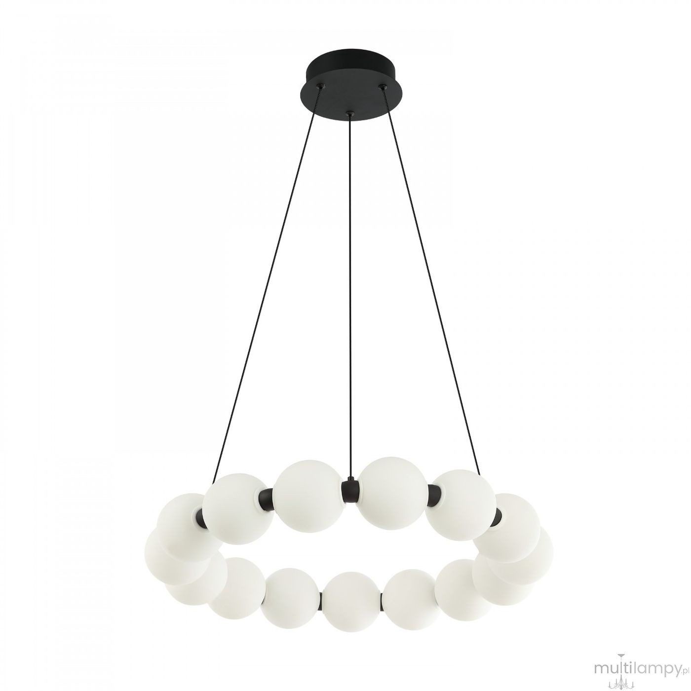 Lampa wisząca Perla z 15 kulistymi źródłami LED, o mocy 30W, w kolorze czarnym. Elementy szklane w białym kolorze, zawieszone na cienkich czarnych linkach. Prosty, nowoczesny design, idealna do różnych aranżacji wnętrz.