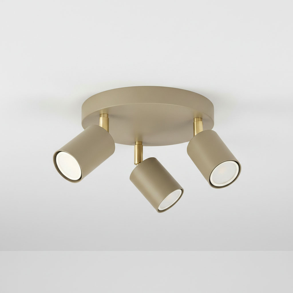Lampa sufitowa Spoti Round z trzema reflektorami, w kolorze kaszmiru z złotymi akcentami. Reflektory mają okrągłe kształty i są zamocowane na okrągłej, płaskiej podstawie. Produkt montowany sufitowo, prezentowany na jednolitym tle.
