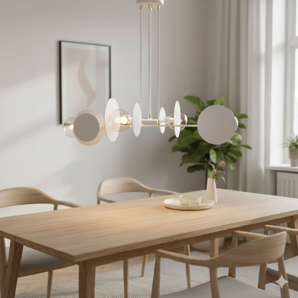 Biała lampa wisząca Idea 793/4 z czterema źródłami światła, zawieszona nad drewnianym stołem. Okrągłe i owalne elementy dekoracyjne w minimalistycznym stylu, metalowe detale w złotym kolorze, w tle rośliny i jasne zasłony.
