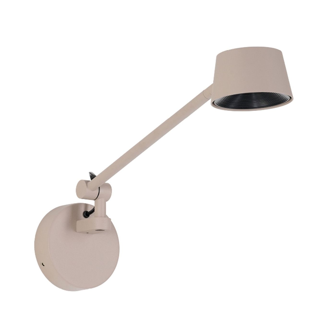 Beżowy kinkiet LED Molly S 6W z okrągłą podstawą i ruchomym ramieniem. Lampa posiada cylindryczny klosz z wewnętrzną, ciemną strukturą. Ujęcie z boku, ukazujące detal montażu oraz długość ramienia.
