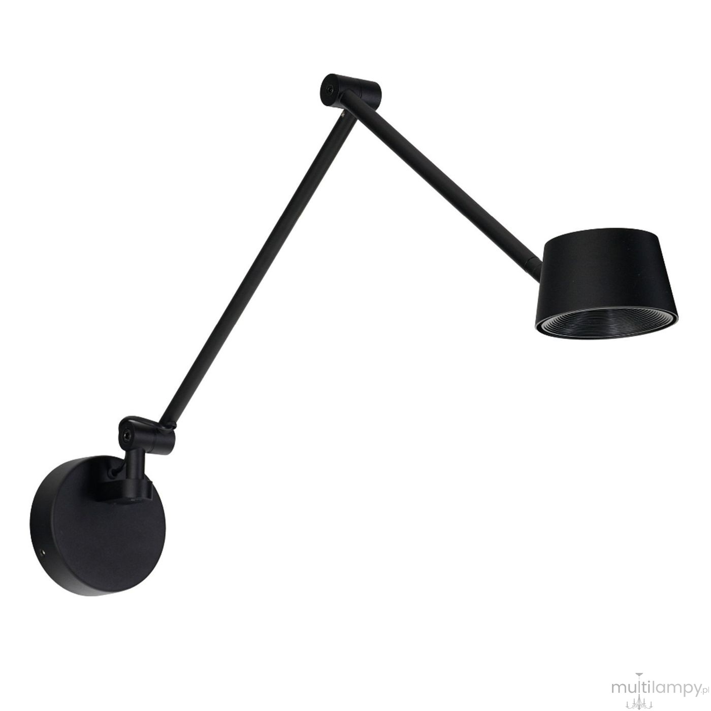 Kinkiet LED Molly M 6W w kolorze czarnym, z regulowanym ramieniem. Okrągła podstawa montażowa i cylindryczna oprawa lampy. Prosty, nowoczesny design, idealny do oświetlenia wnętrz. Ujęcie frontalne, na białym tle.