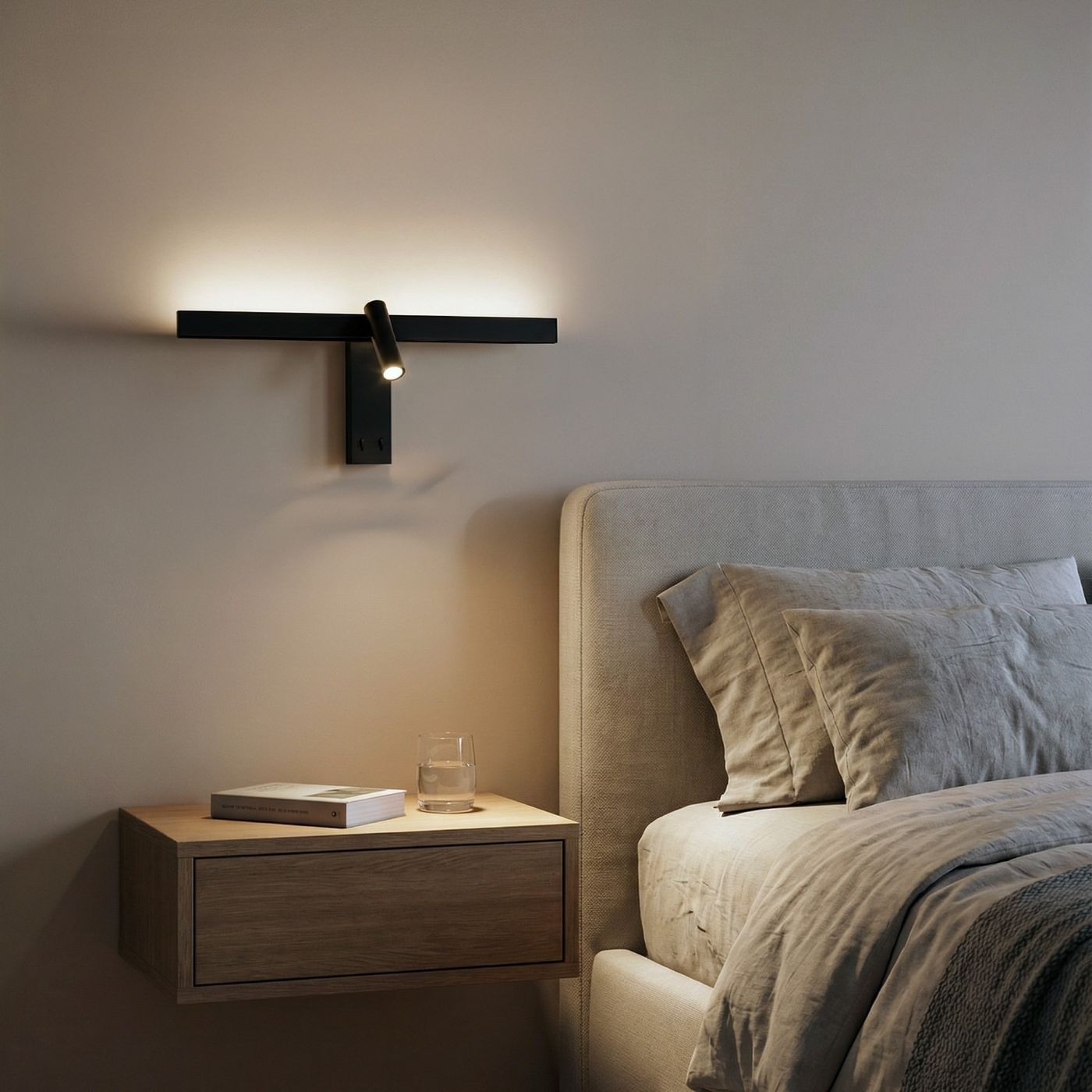Czarny kinkiet Rico z podwójnym źródłem światła LED 16W, zamontowany na ścianie obok łóżka. Posiada minimalistyczny design z jednym ruchomym ramieniem. W tle widoczna nocna szafka z książką i szklanką.
