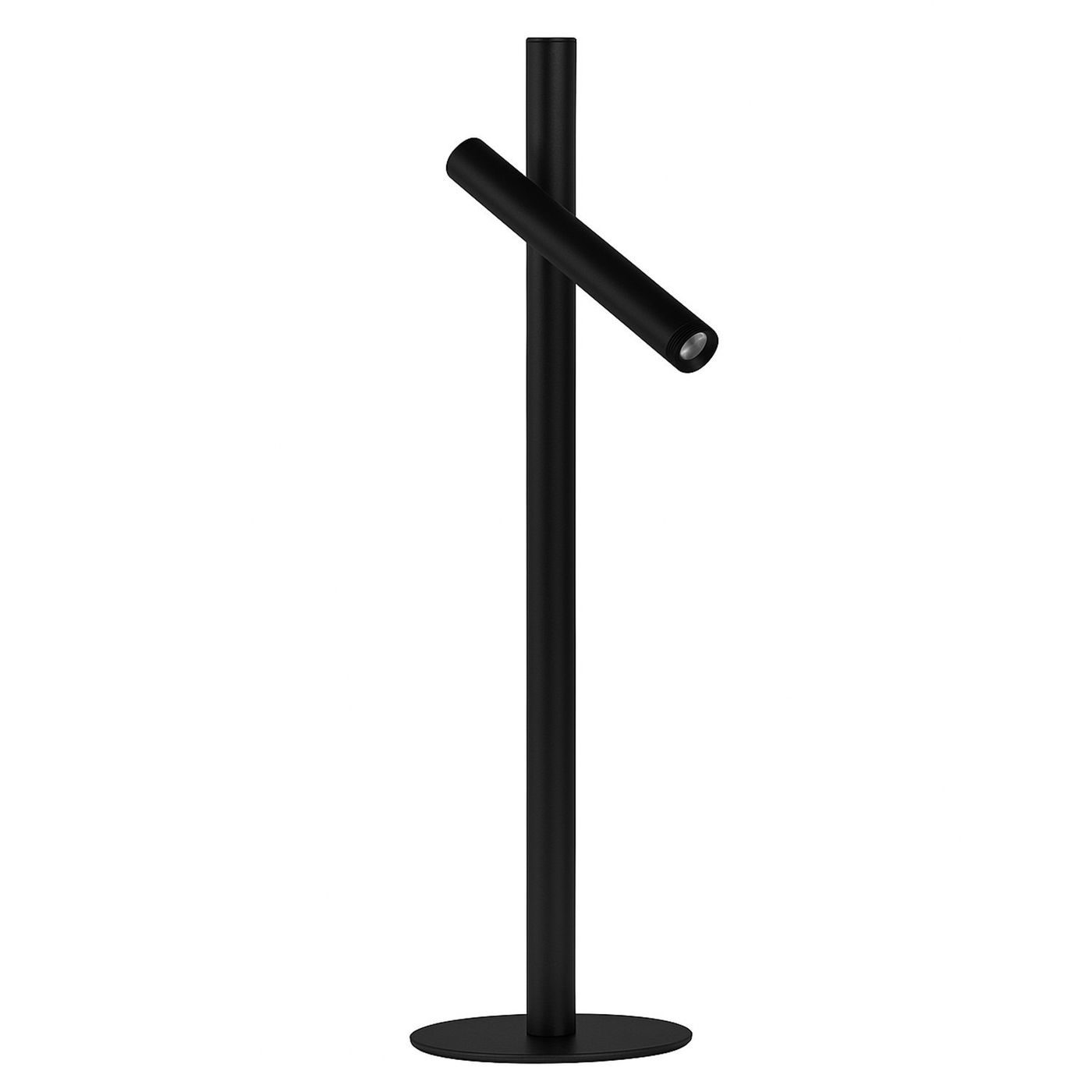 Lampa stołowa LED Trost 4,5W w kolorze czarnym, o prostym, nowoczesnym designie. Składa się z pionowego słupa z poziomym ramieniem, które może być regulowane. Produkt stoi na okrągłej podstawie, co zapewnia stabilność.