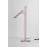 Beżowa lampa stołowa LED Trost, moc 4,5W, z prostą, okrągłą podstawą i regulowanym ramieniem w formie cylindrycznej oprawy. Produkt ustawiony na białym tle, widoczny z boku.