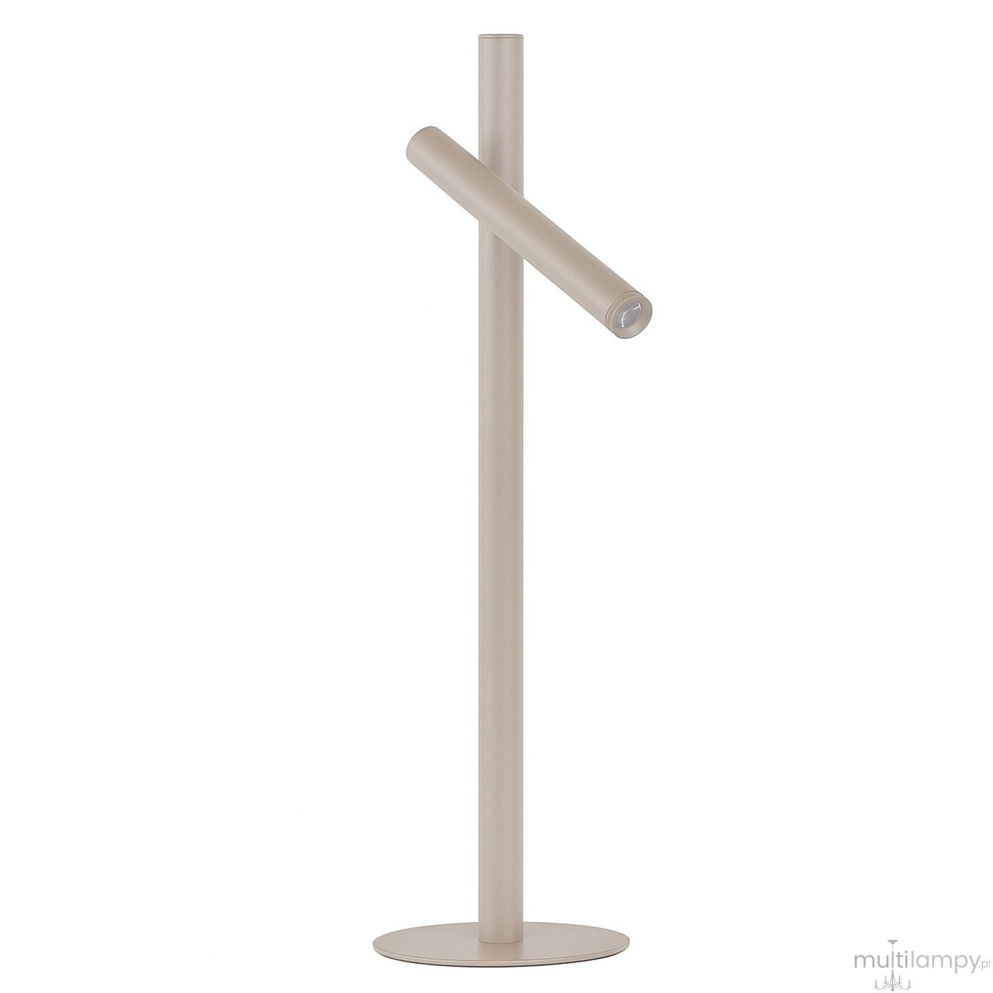 Beżowa lampa stołowa LED Trost AZ6802 o mocy 4,5W, z prostym, nowoczesnym designem. Ułożona pionowo, z poziomym ramieniem, które kończy się źródłem światła. Metalowa konstrukcja z okrągłą podstawą.