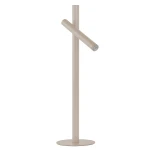 Beżowa lampa stołowa LED Trost AZ6802 o mocy 4,5W, z prostym, nowoczesnym designem. Ułożona pionowo, z poziomym ramieniem, które kończy się źródłem światła. Metalowa konstrukcja z okrągłą podstawą.