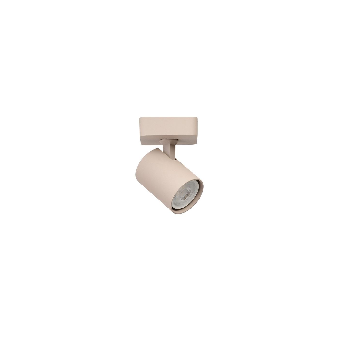 Beżowa lampa sufitowa typu spot z oprawą GU10, zamontowana na prostokątnej podstawie. Ujęcie z boku, wskazujące na cylindryczny kształt klosza z widoczną żarówką w środku, na jednolitym, jasnym tle.