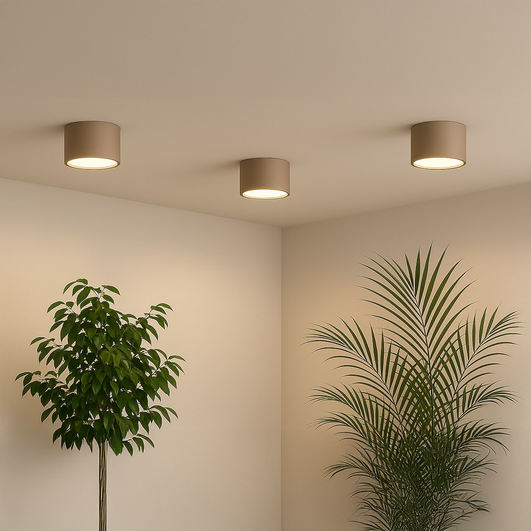 Lampa sufitowa Dixie w kolorze kaszmiru, z jedną oprawą na żarówkę GX53. Zawieszona na suficie, obok zielonych roślin. Okrągły kształt z matowym wykończeniem, emitująca ciepłe światło, w minimalistycznym wnętrzu.
