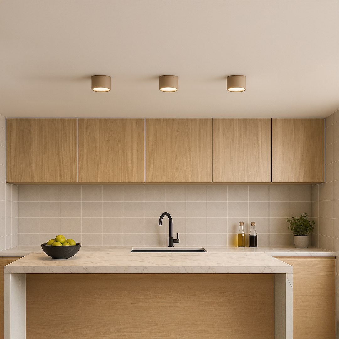 Lampa sufitowa Dixie 1xGX53 w kolorze kaszmiru, zamontowana na suficie, o cylindrycznym kształcie. Oświetlenie skierowane w dół, w minimalistycznej kuchni z drewnianymi szafkami, białym blatem i czarnymi akcesoriami.