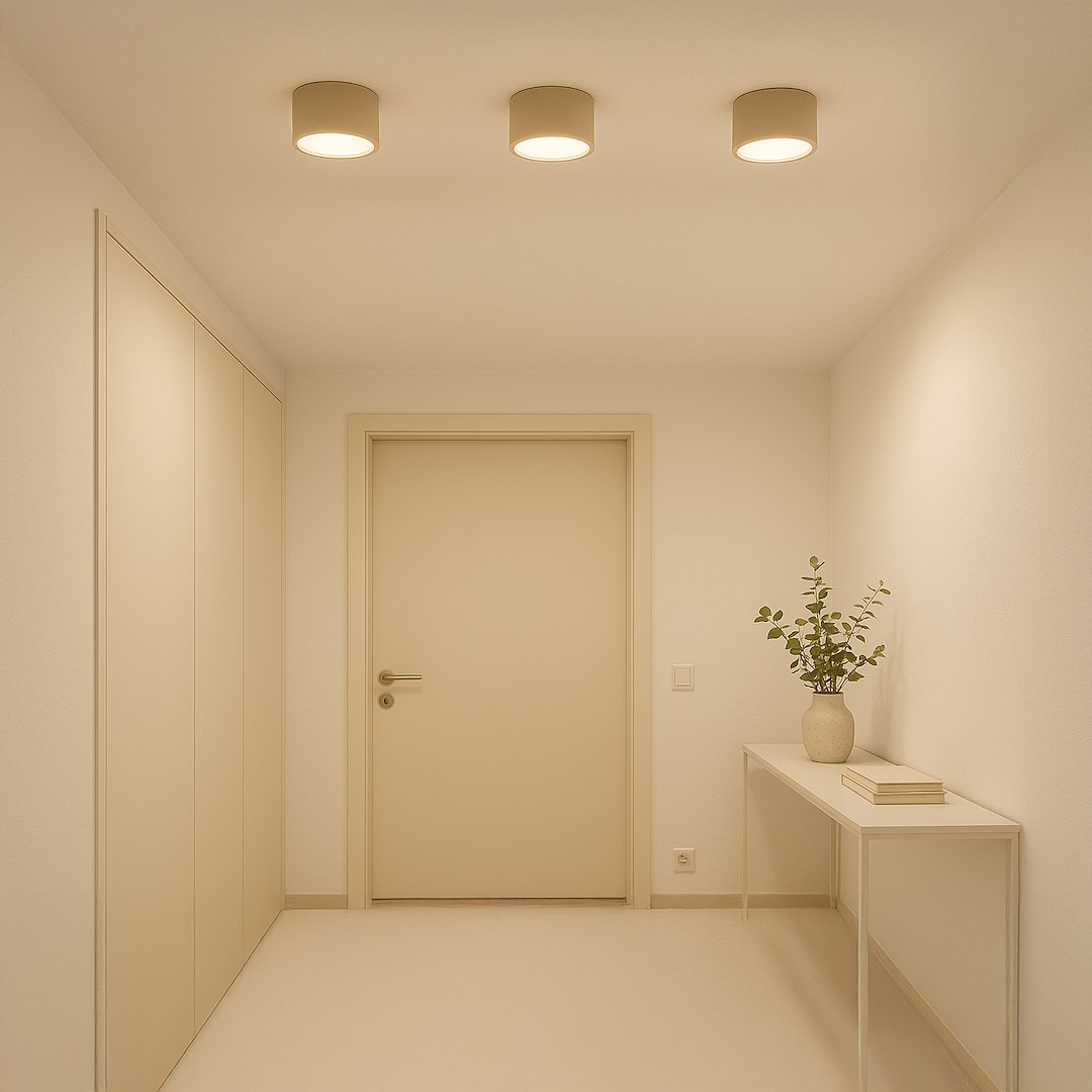 Lampa sufitowa Dixie w kolorze kaszmiru z jedną oprawą GX53. Umieszczona w nowoczesnym wnętrzu, w korytarzu, obok drzwi, z minimalistycznym stolikiem oraz rośliną w wazonie. Oświetlenie w formie okrągłych kloszy.