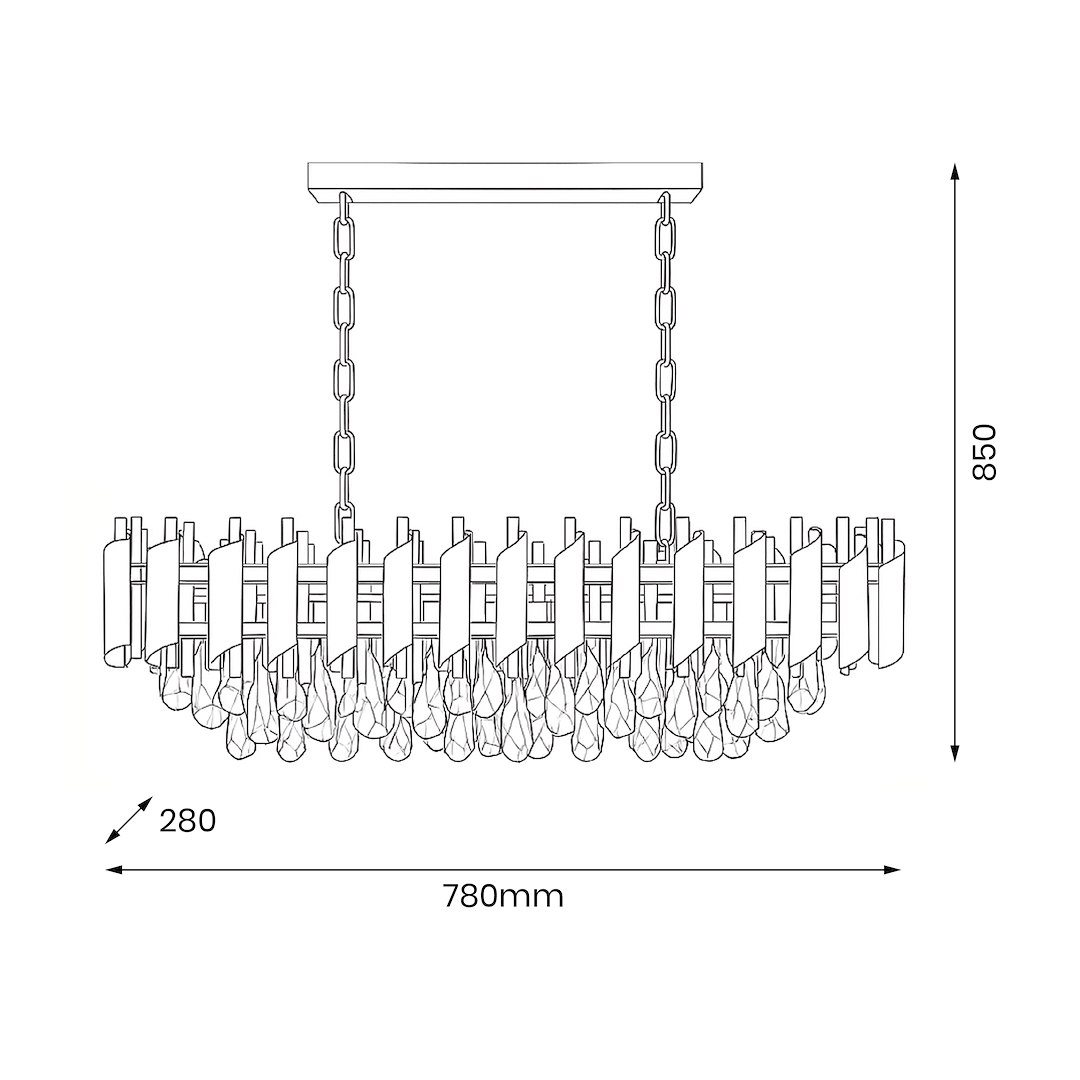 Lampa wisząca Cristal 10xE14 w kolorze złotym, o wymiarach 780 mm długości i 280 mm szerokości, zawieszona na łańcuchu. Charakterystyczne elementy to prostokątne klosze i kryształowe zwisy, nadające elegancki wygląd. Wysokość 850 mm.