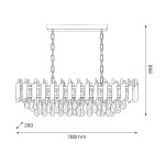 Lampa wisząca Cristal 10xE14 w kolorze złotym, o wymiarach 780 mm długości i 280 mm szerokości, zawieszona na łańcuchu. Charakterystyczne elementy to prostokątne klosze i kryształowe zwisy, nadające elegancki wygląd. Wysokość 850 mm.