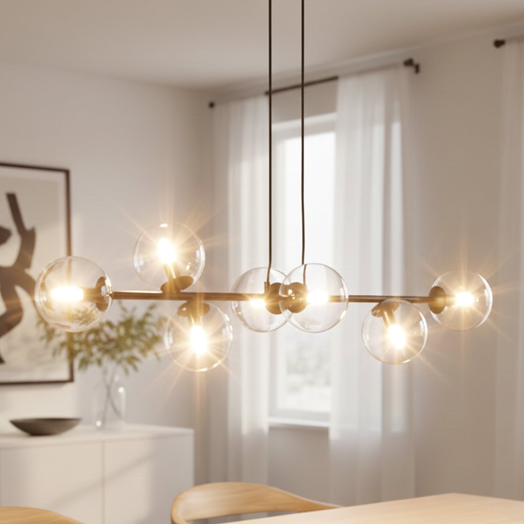 Lampa wisząca Rossi 6-punktowa w kolorze czarnym i transparentnym, z sześcioma okrągłymi kloszami, zawieszona na długich kablach. Zbliżenie na źródła światła, w tle jasne wnętrze z roślinnością i zasłonami.