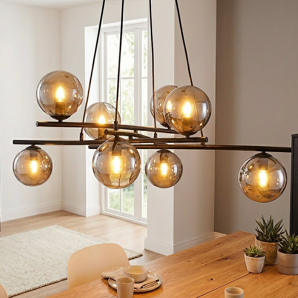 Lampa wisząca Essa 8-punktowa w kolorze czarnym i grafitowym, zbudowana z metalowych ramion, na których umieszczono osiem szklanych kul. Kule emitują ciepłe światło, zawieszone nad drewnianym stołem w jasnym wnętrzu.