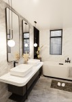 Lampa wisząca 1-punktowa Glam w kolorze czarnym i białym, o okrągłym kloszu i metalowej konstrukcji. Zawieszona na długich linkach, umieszczona w nowoczesnej łazience z marmurowymi wykończeniami i lustrem.