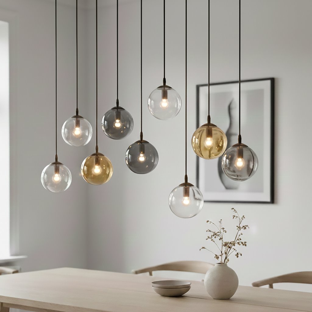 Lampa wisząca Cosmo mix, 9-punktowa, z różnokolorowymi kulami (przezroczyste, szare, złote) zawieszonymi na czarnych linkach. Elementy oświetleniowe wiszą nad drewnianym stołem w jasnym wnętrzu, obok wazonu z dekoracyjnymi gałązkami.