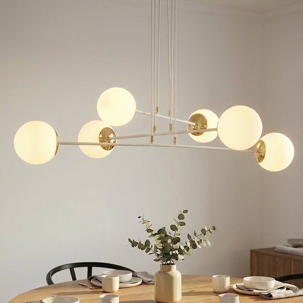 Lampa wisząca Ognis 6-punktowa w kolorze białym, z sześcioma okrągłymi kloszami z matowego szkła, zawieszona na białych linkach. Klosze osadzone na złotych elementach, w tle drewniany stół z naczyniami i rośliną dekoracyjną.