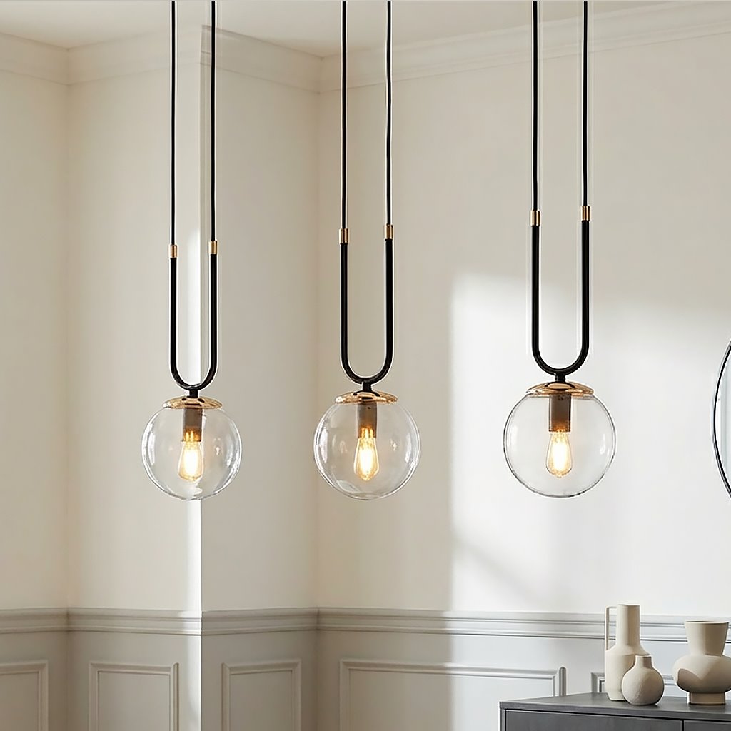 Lampa wisząca 3-punktowa w kolorze czarnym i transparentnym z okrągłymi kloszami z przezroczystego szkła. Montowana na długich czarnych przewodach, z metalowymi detalami w kolorze złotym. Widok z przodu, w eleganckim wnętrzu.