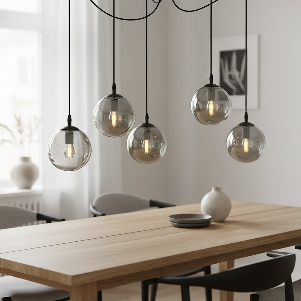 Lampa wisząca Gigi 5-punktowa w kolorze grafitowym z pięcioma szklanymi kloszami w kształcie kul. Klosze zawieszone na czarnych przewodach, umieszczone nad drewnianym stołem. Tło jasne, minimalistyczne wnętrze z elementami dekoracyjnymi.